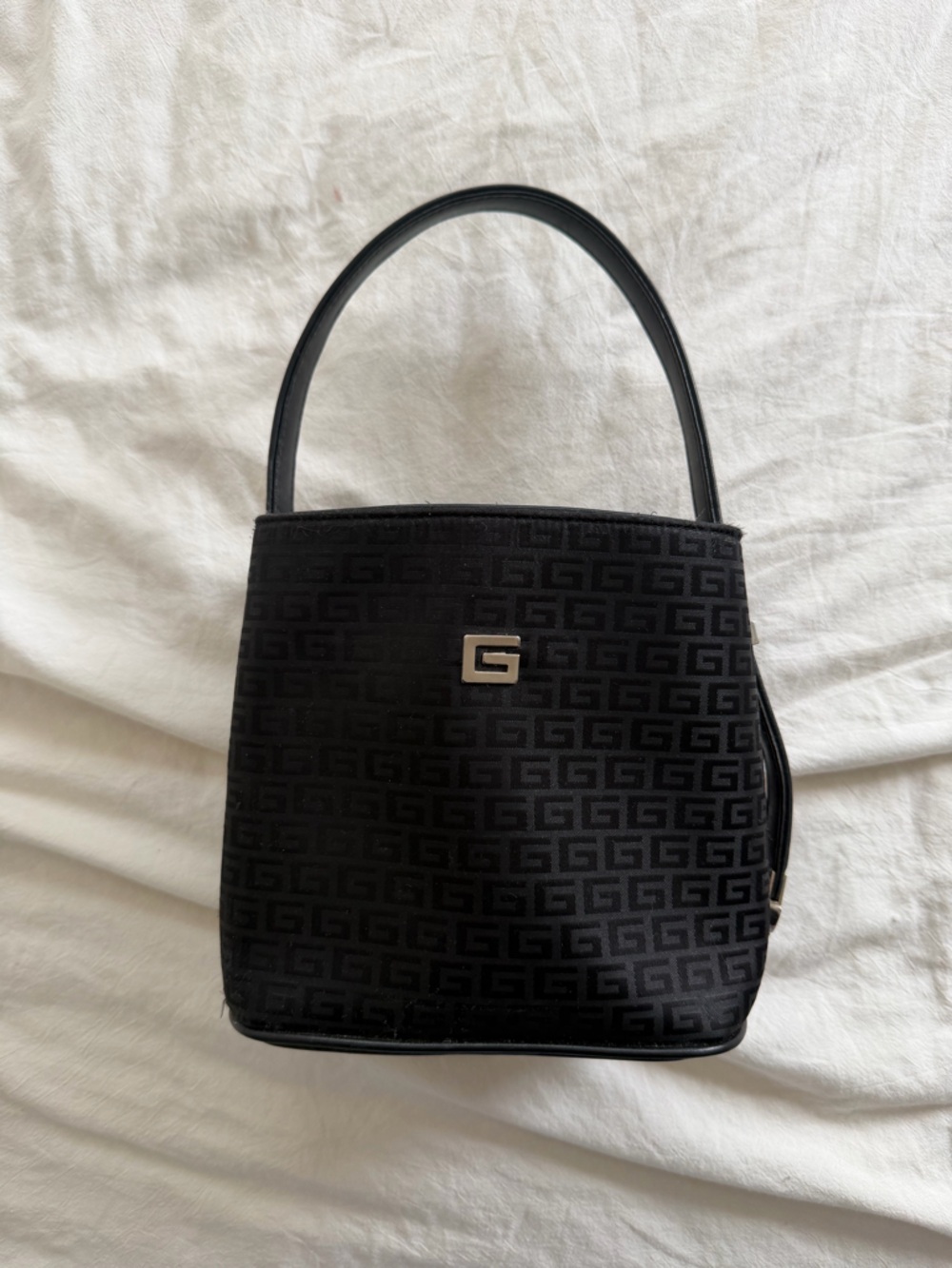 Guess Monogram Mini Bucket Tote with Silver Logo Accent